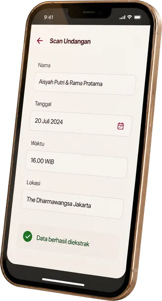 Layar ACARAMU berisi nama, tanggal, waktu, dan lokasi yang sudah terisi dari foto undangan.